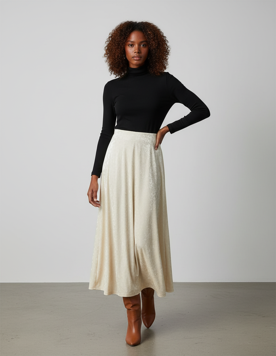 Jupe Midi Velours Crème Fluide