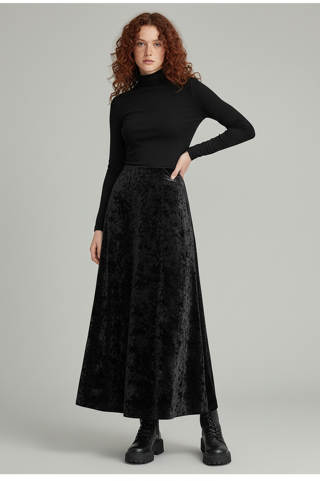 Jupe Midi Velours Évasée Élégante