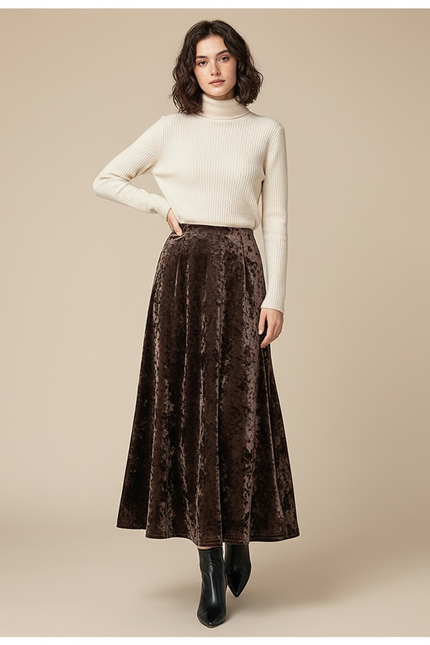 Jupe Midi Velours Marron Élégante
