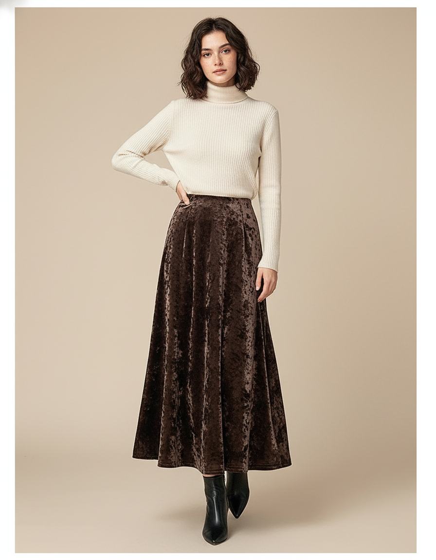 Jupe Midi Velours Marron Élégante