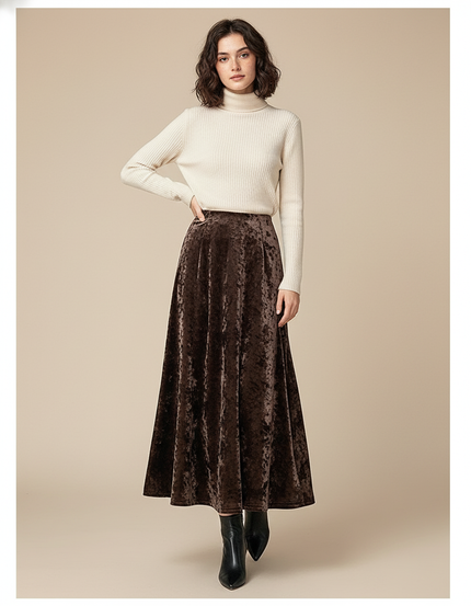 Jupe Midi Velours Marron Élégante