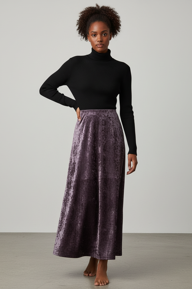 Jupe Midi Velours Violet Élégante