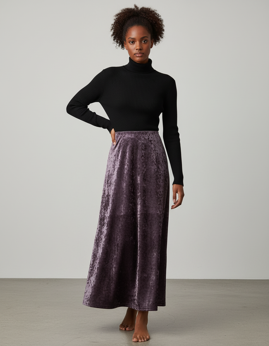 Jupe Midi Velours Violet Élégante