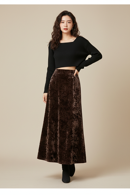 Jupe Midi Marron Velours Élégante