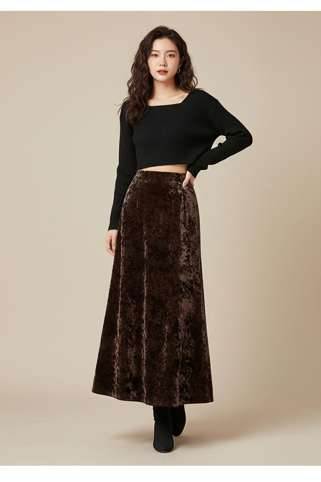 Jupe Midi Marron Velours Élégante