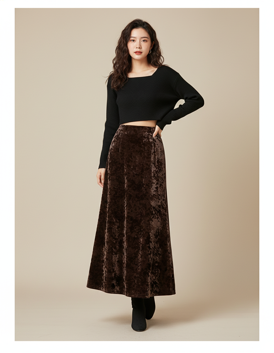 Jupe Midi Marron Velours Élégante