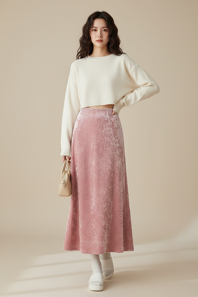 Jupe Midi Rose Velours Fluide