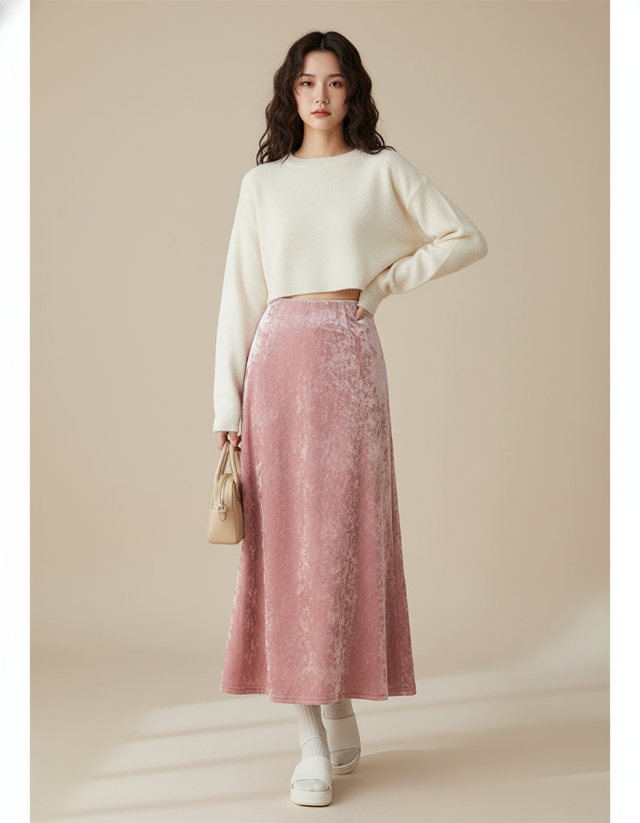 Jupe Midi Rose Velours Fluide