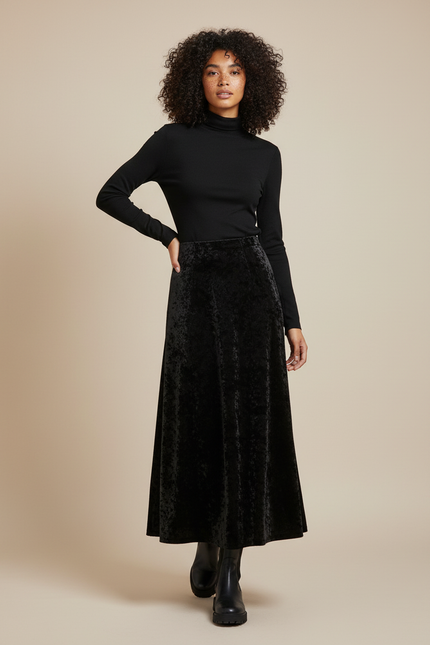 Jupe Midi Noire Velours Élégante