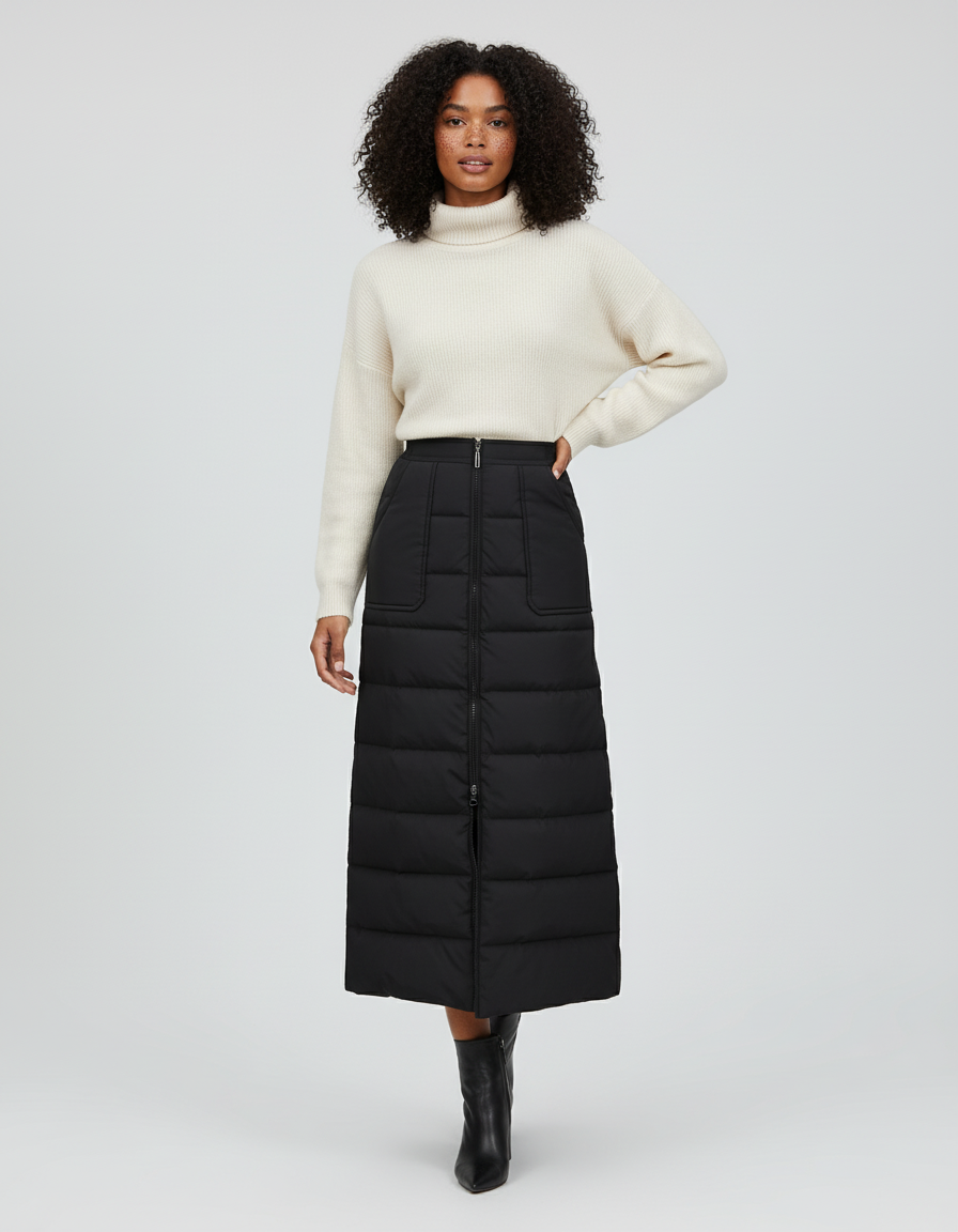 Jupe Midi Noire Matelassée Chic sophistiquée