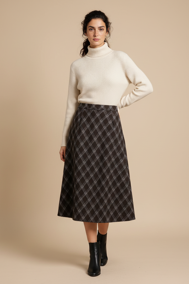 Jupe Midi Carreaux Élégante Hiver