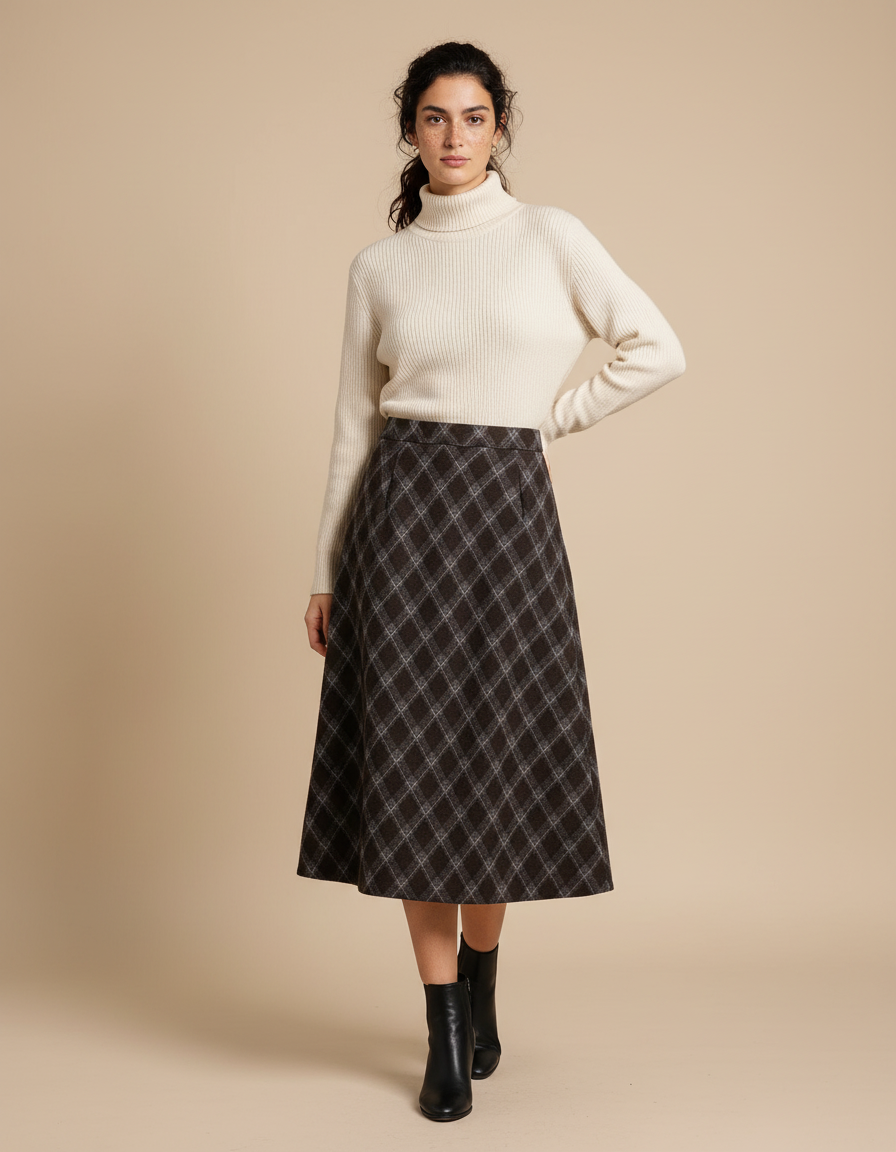 Jupe Midi Carreaux Élégante Hiver