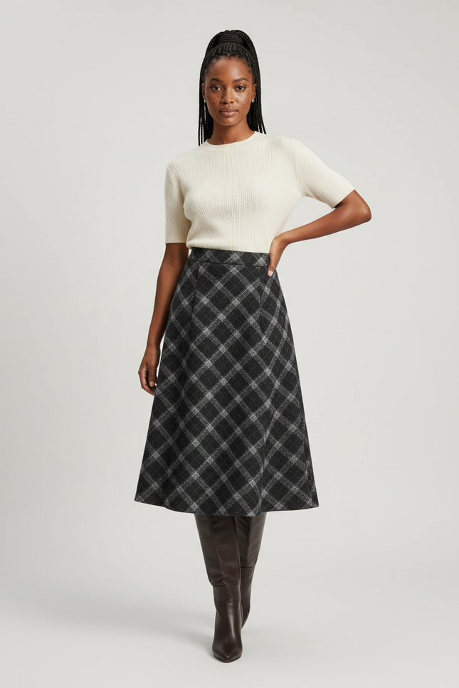 Jupe Midi Carreaux Grise Élégante