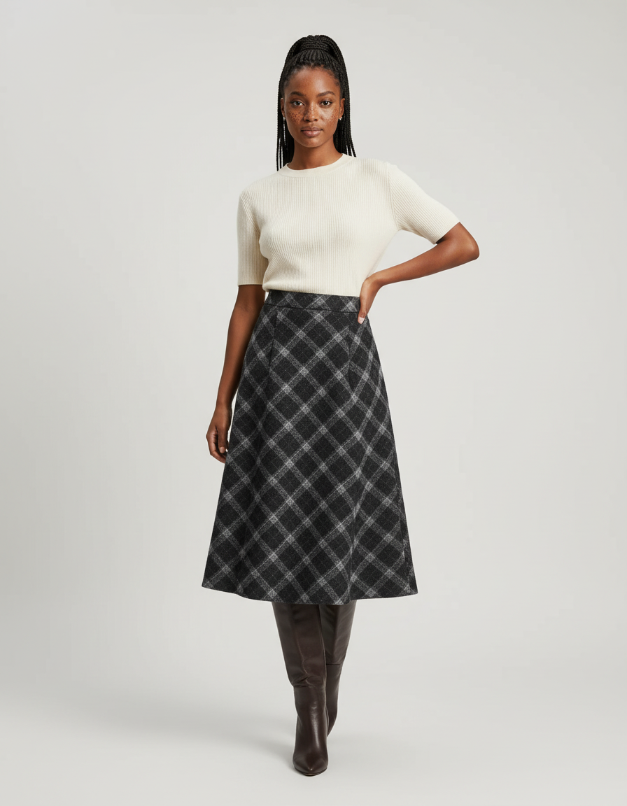 Jupe Midi Carreaux Grise Élégante