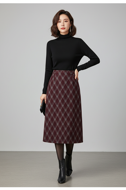 Jupe Midi Bordeaux Carreaux Losanges Élégante
