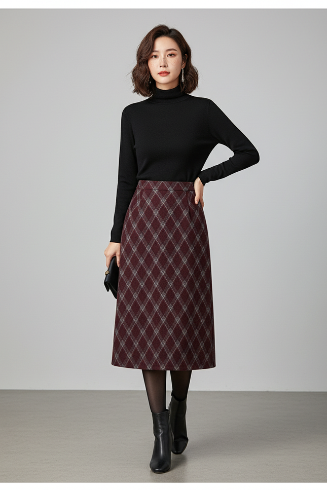 Jupe Midi Bordeaux Carreaux Losanges Élégante