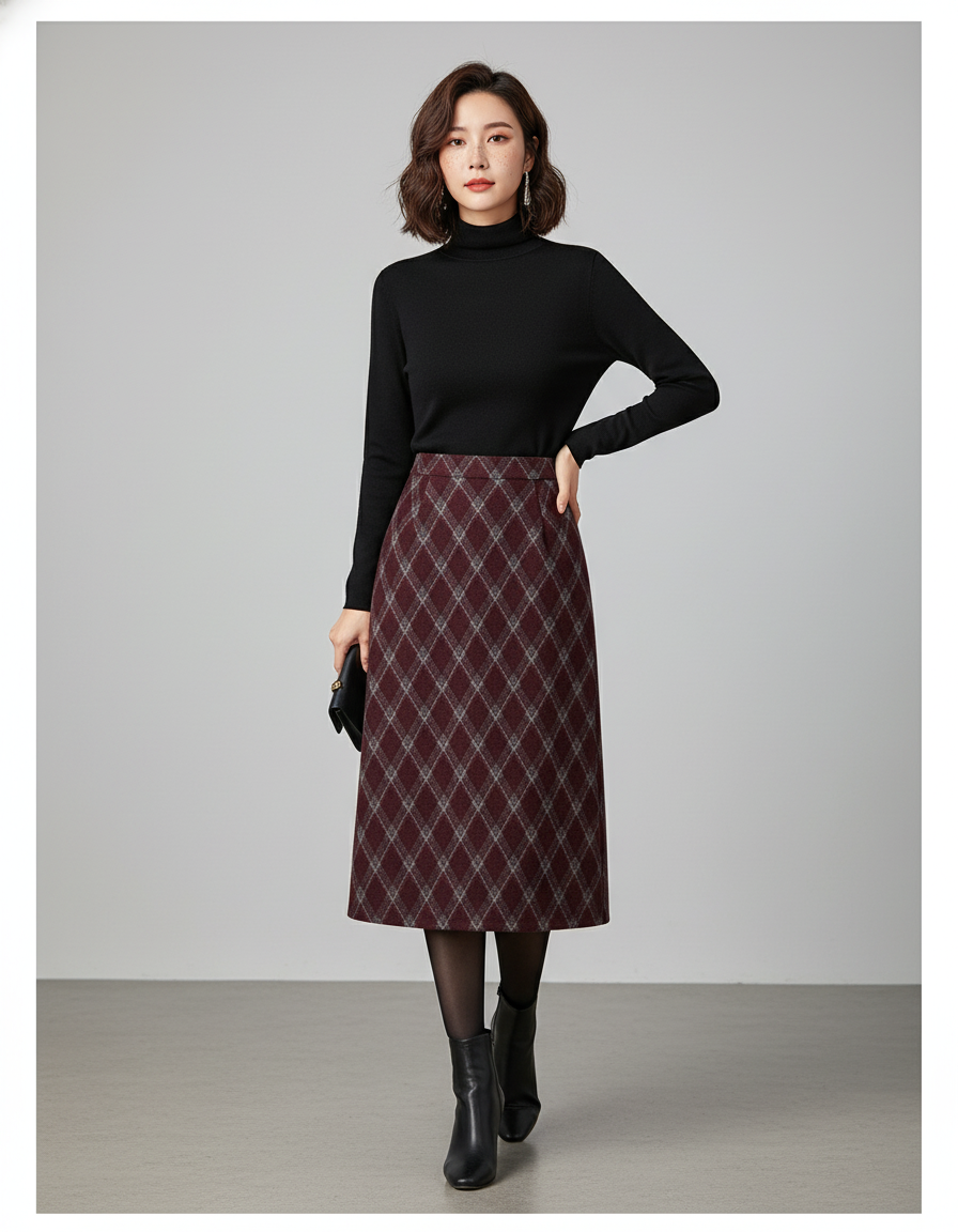 Jupe Midi Bordeaux Carreaux Losanges Élégante