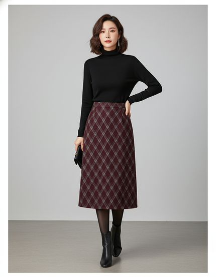 Jupe Midi Bordeaux Carreaux Losanges Élégante