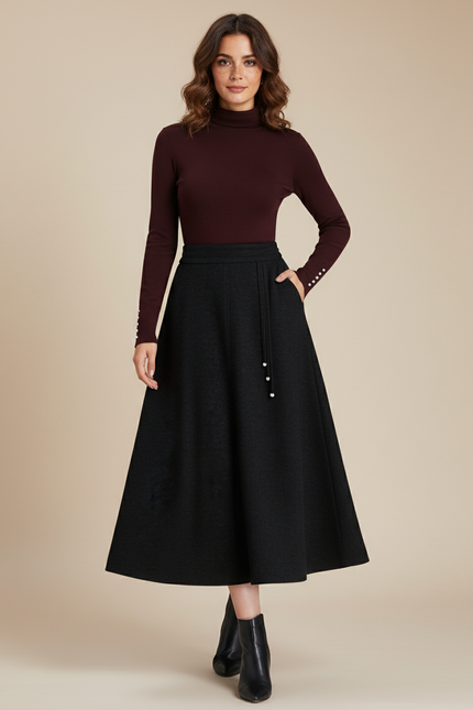 Jupe Midi Noire Laine Plissée