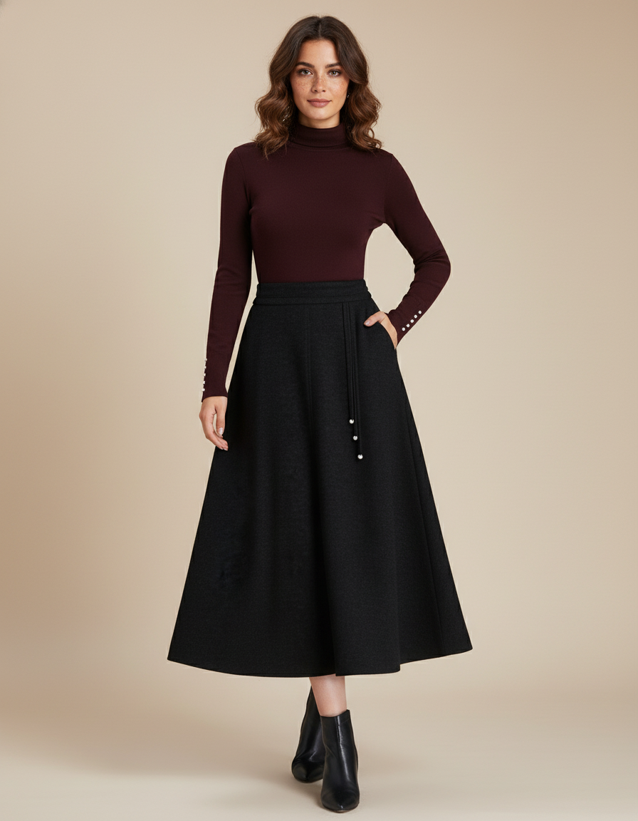 Jupe Midi Noire Laine Plissée