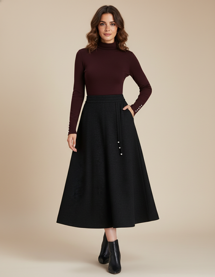 Jupe Midi Noire Laine Plissée