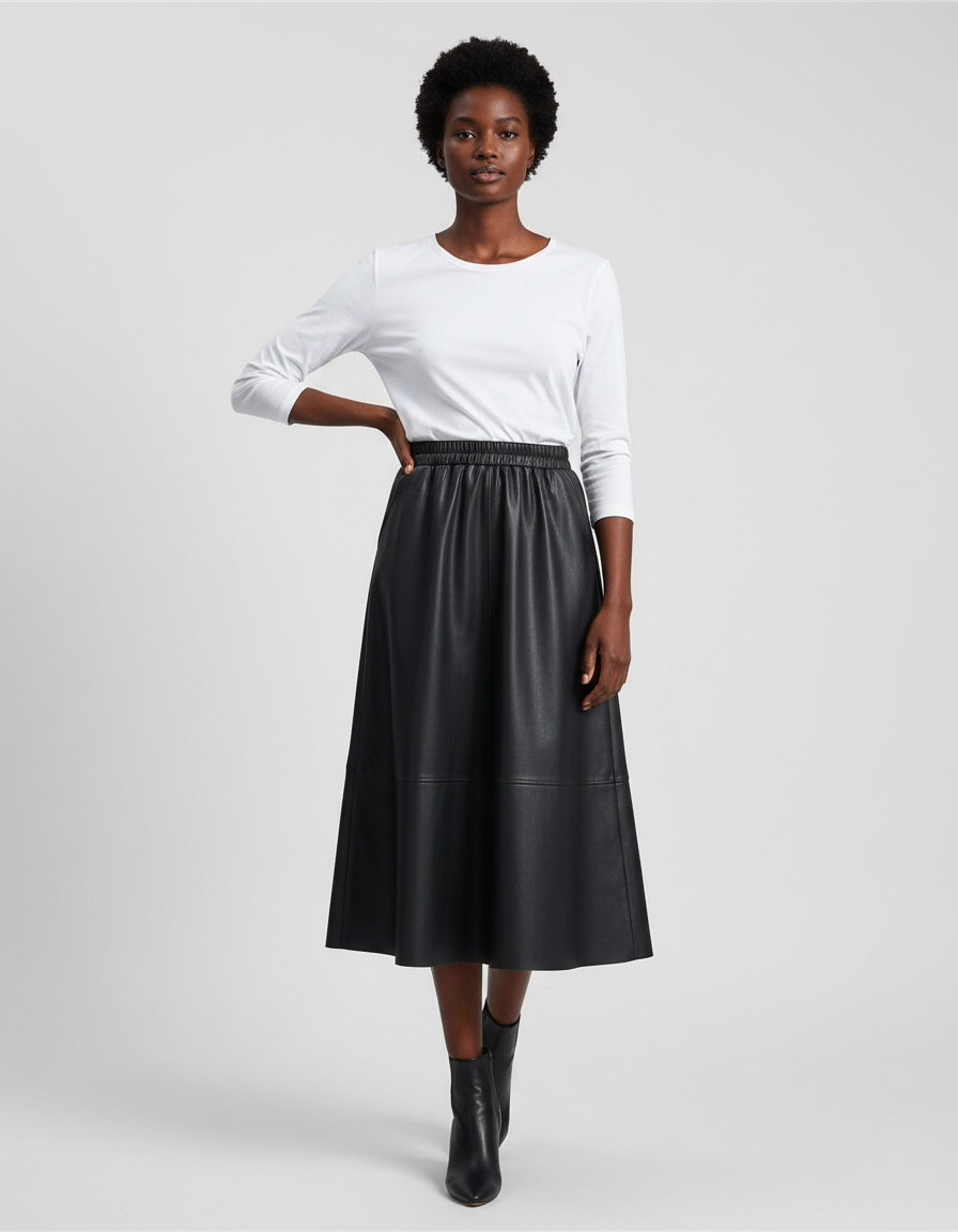 Jupe Cuir Midi Noir
