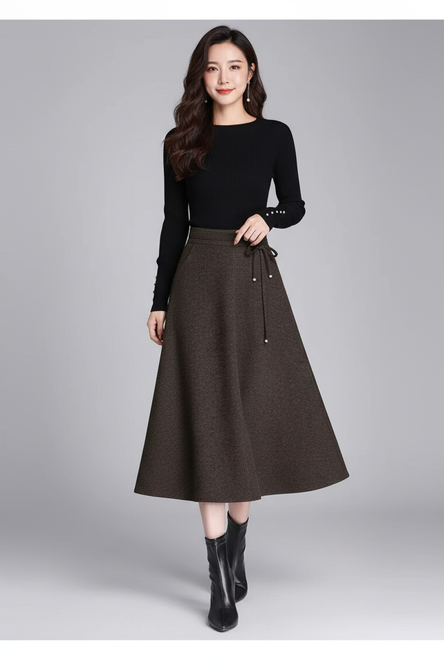 Jupe Midi Marron Plissée Élégante fluide