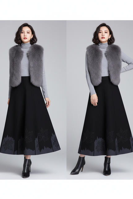 Jupe Midi Noire Motifs Feuilles Élégante