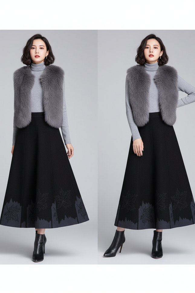 Jupe Midi Noire Motifs Feuilles Élégante