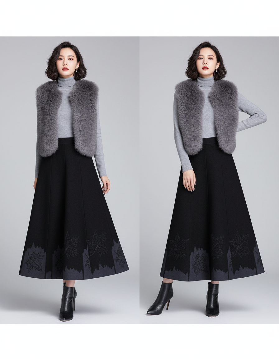 Jupe Midi Noire Motifs Feuilles Élégante