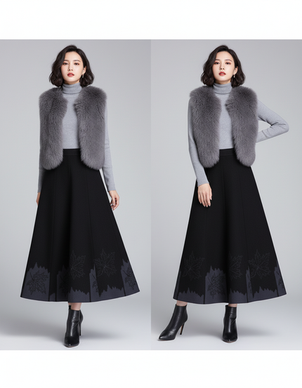 Jupe Midi Noire Motifs Feuilles Élégante