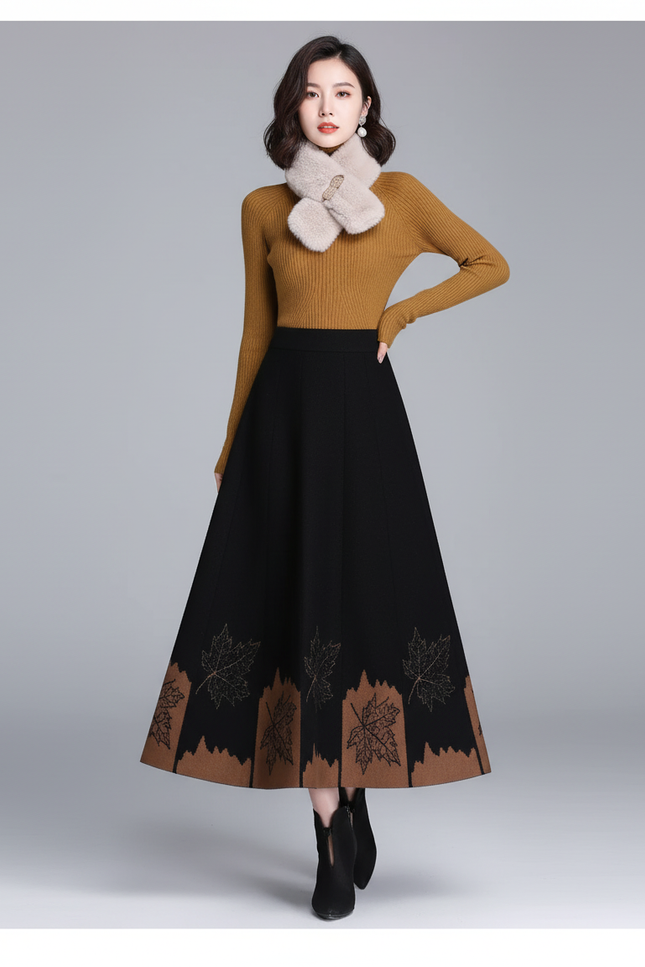 Jupe Midi Noire Motif Feuilles Élégante