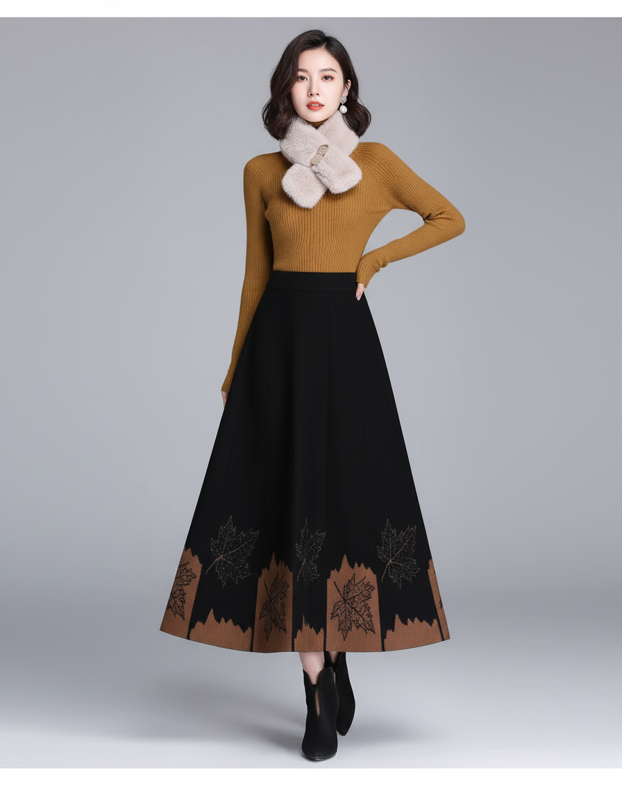 Jupe Midi Noire Motif Feuilles Élégante