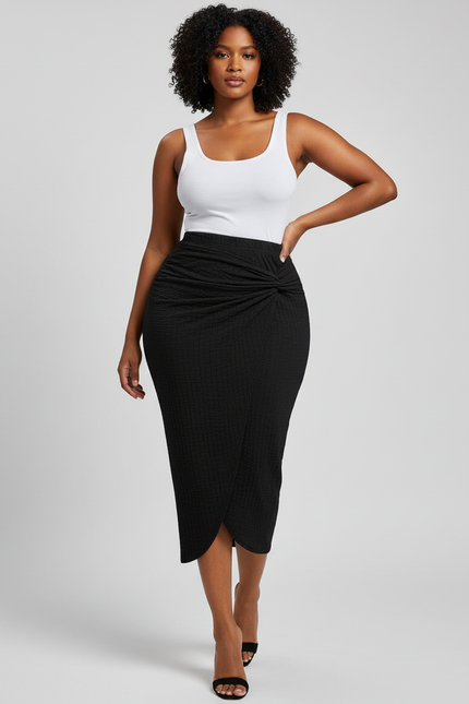 Jupe Midi Noire Texturée Élégante