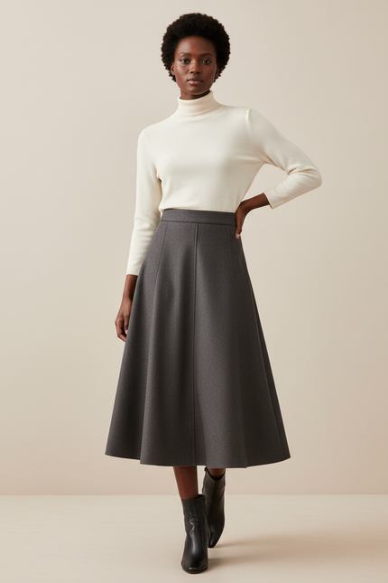 Jupe Midi Gris Foncé Évasée Chic