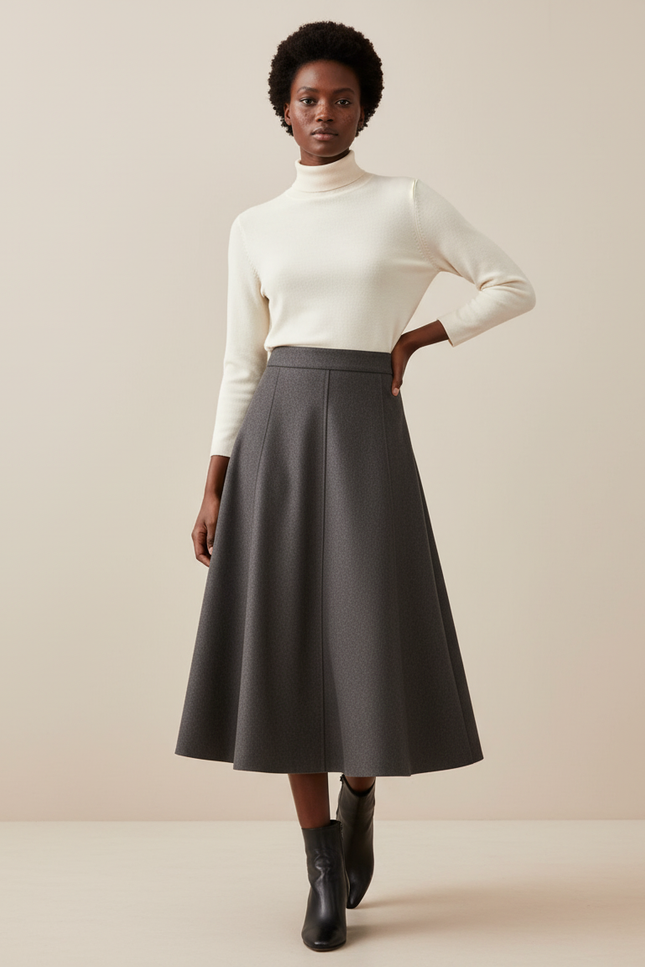 Jupe Midi Gris Foncé Évasée Chic