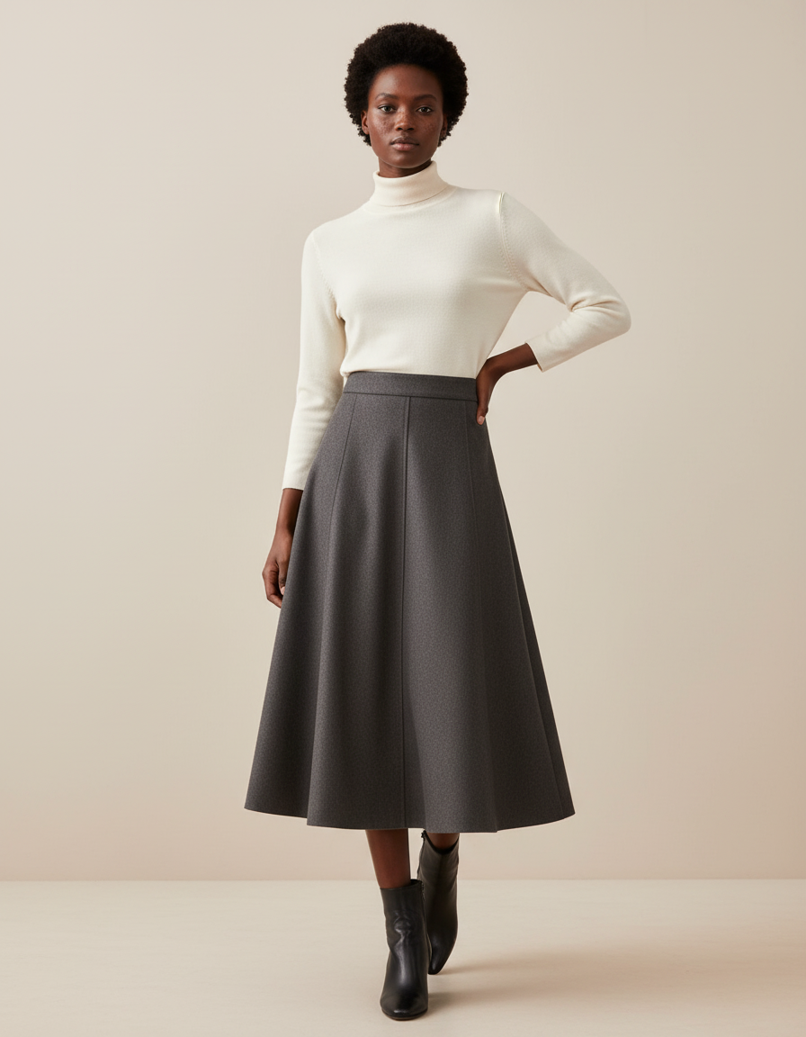 Jupe Midi Gris Foncé Évasée Chic