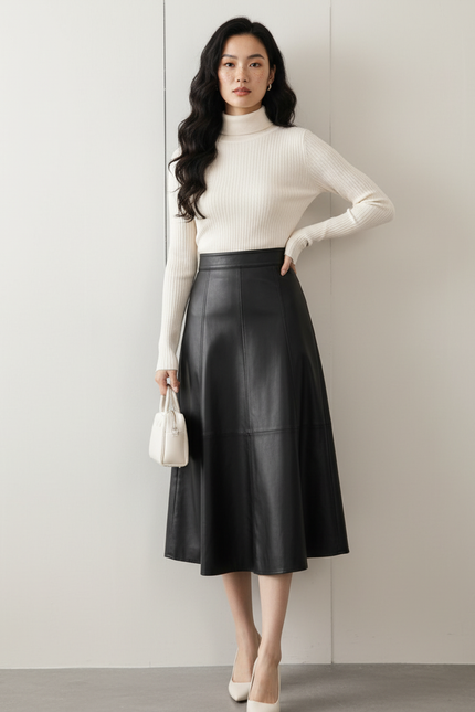 Jupe Midi Noire Simili Cuir Chic