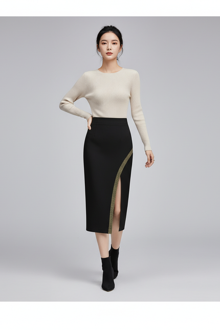 Jupe Midi Noire Fendue Détail Doré Chic