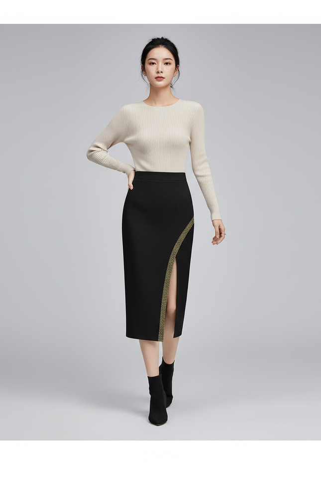 Jupe Midi Noire Fendue Détail Doré Chic