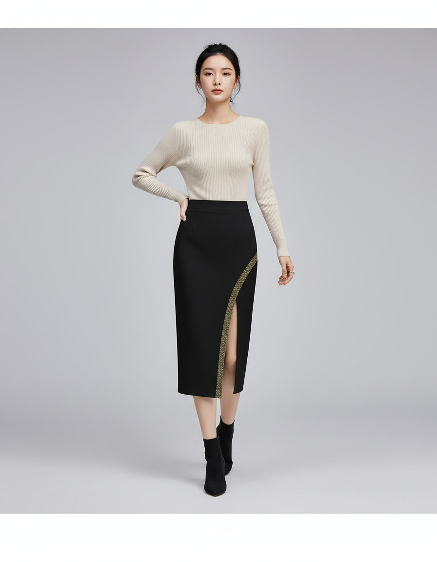 Jupe Midi Noire Fendue Détail Doré Chic