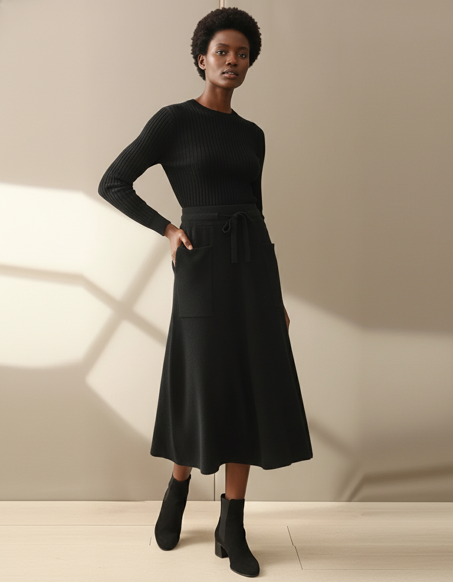 Jupe Midi Noir Maille Fluide