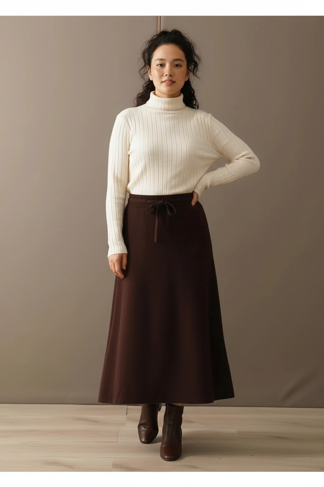 Jupe Midi Marron Laine Chic
