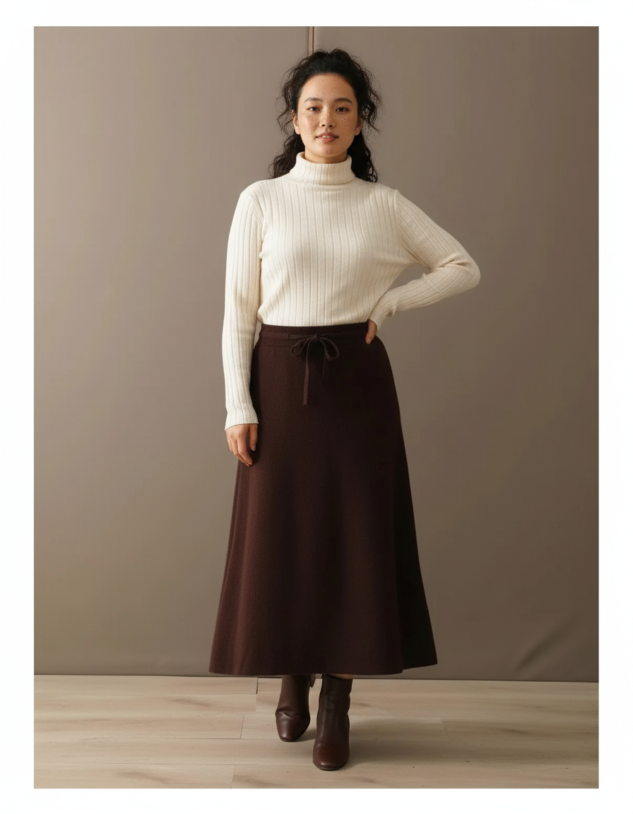 Jupe Midi Marron Laine Chic