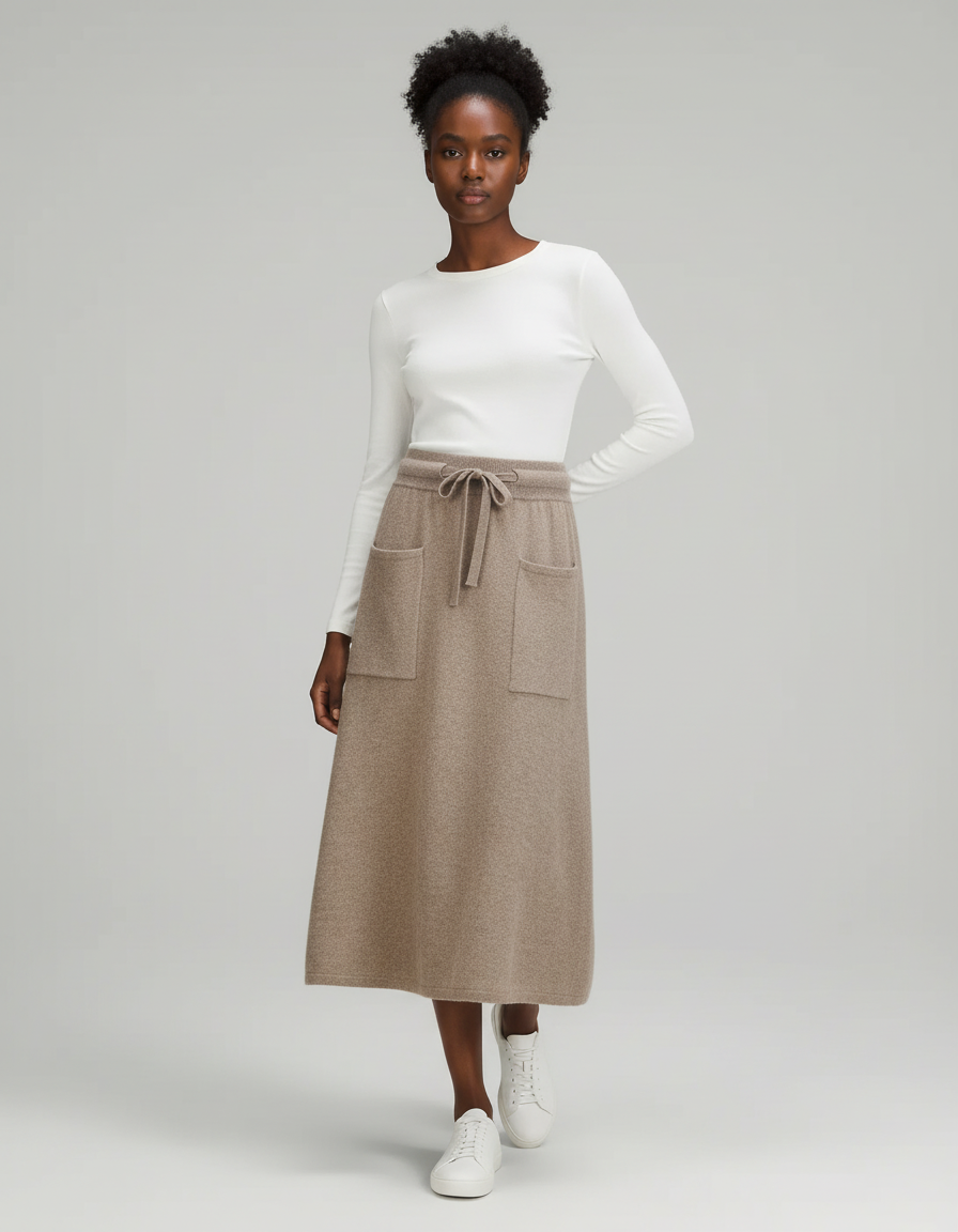 Jupe Midi Laine Beige Poches Chic