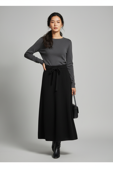 Jupe Midi Noire Maille Chic minimaliste
