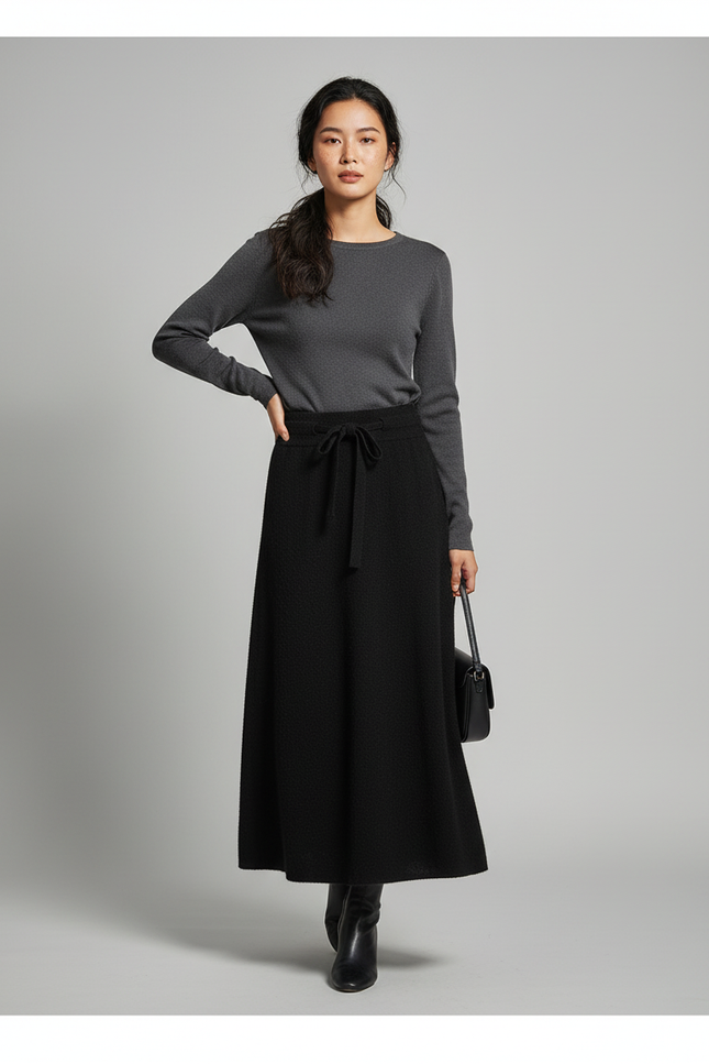 Jupe Midi Noire Maille Chic minimaliste