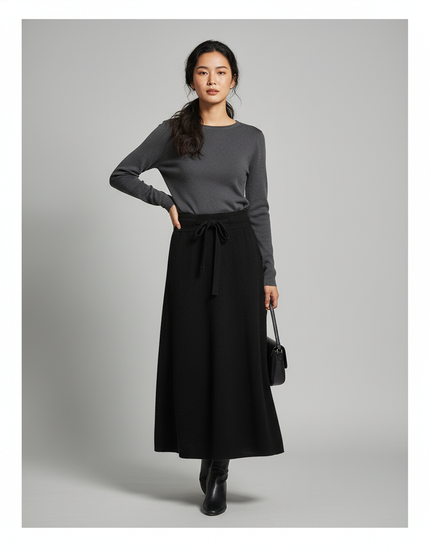 Jupe Midi Noire Maille Chic minimaliste