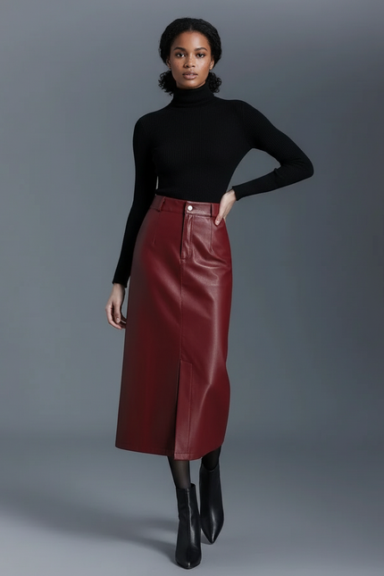 Jupe Midi Similicuir Fendue Élégante