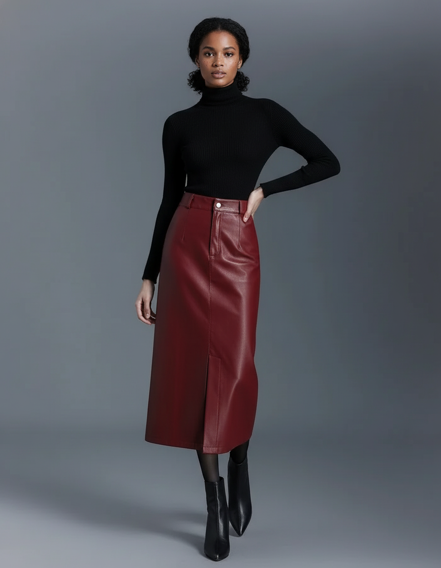 Jupe Midi Similicuir Fendue Élégante